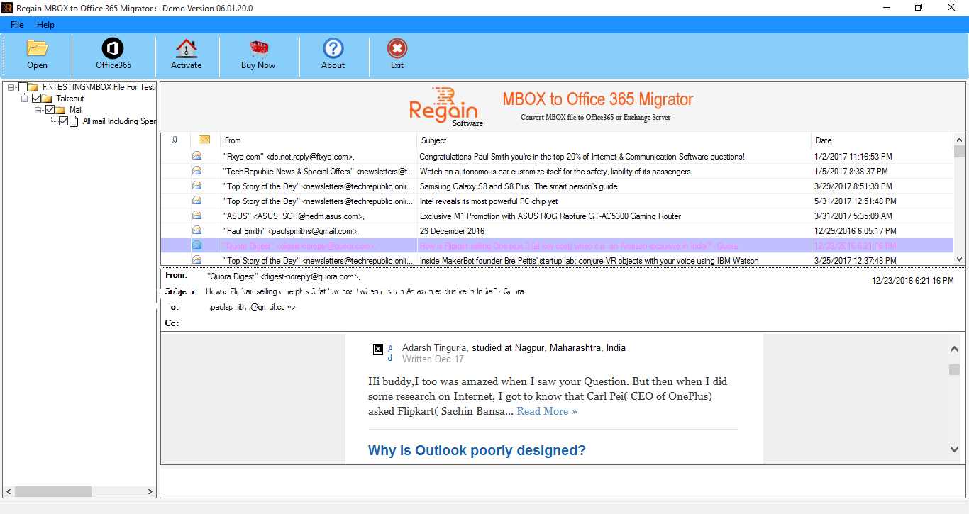 Regain MBOX to Office 365 Migrator Screenshots